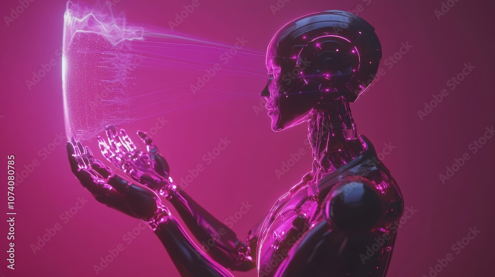 Futuristic humanoid robot gazing at a glowing digital interface while surrounded by vibrant pink light in a high-tech environment for innovation and technology themes Futuristic humanoid robot gazing at a glowing digital interface while surrounded by vibrant pink light in a high-tech environment for innovation and technology themes