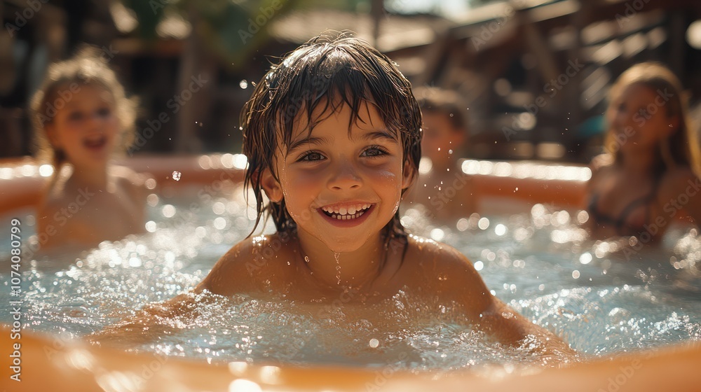 Happy boy splashing in inflatable pool with friends.