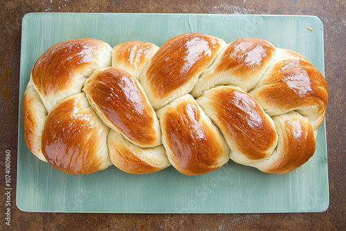 a challah bread, braided and golden-brown, for Shabbat dinner. photo