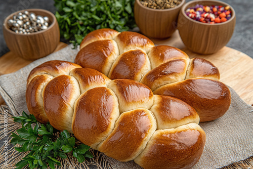 a challah bread, braided and golden-brown, for Shabbat dinner. photo