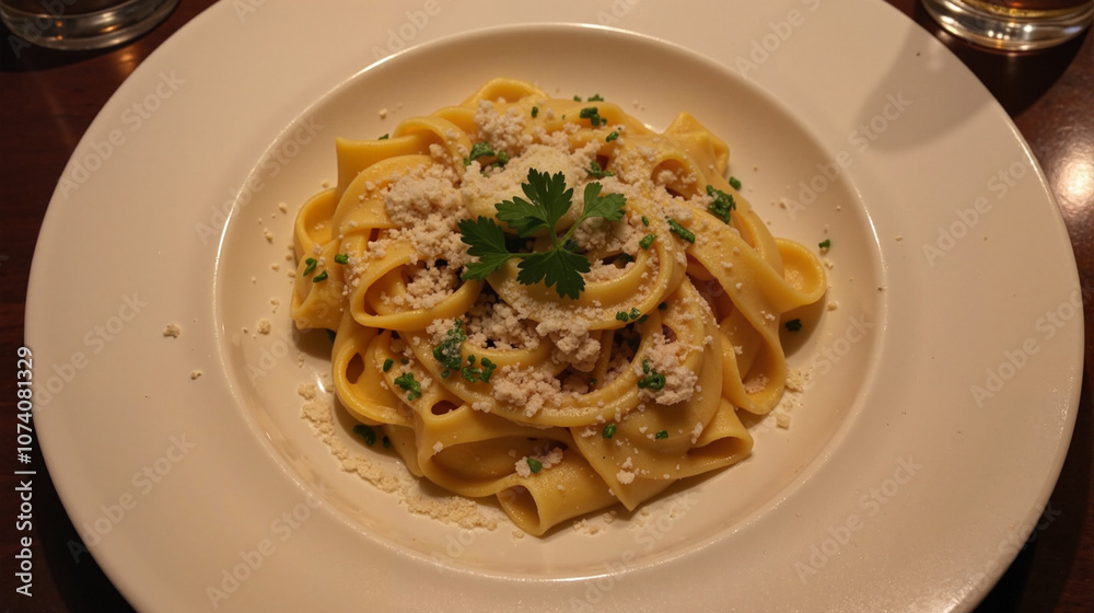 Truffle pasta with parmesan and herbs on white plate