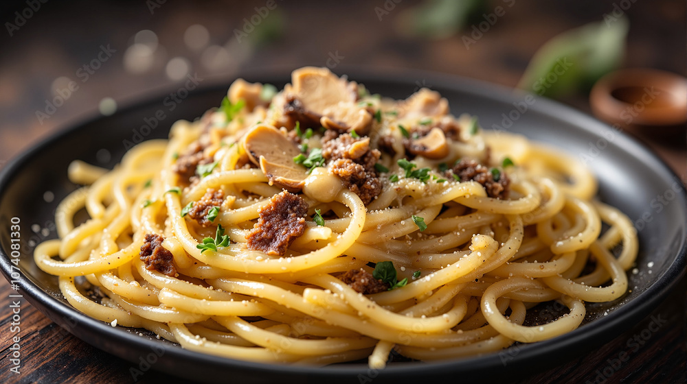 Truffle pasta with mushrooms on black plate Truffle pasta with mushrooms on black plate
