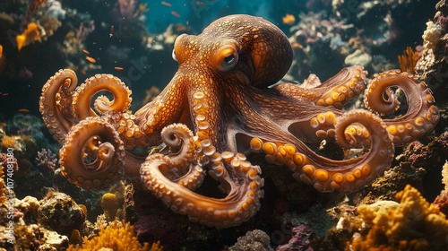 Giant Octopus Spreading Tentacles in Coral Reef photo