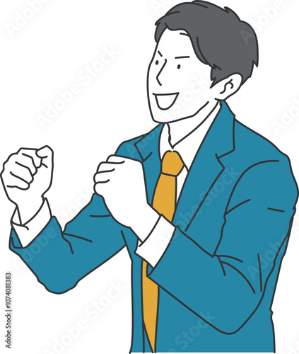 ガッツポーズをするスーツの男性のシンプルイラスト