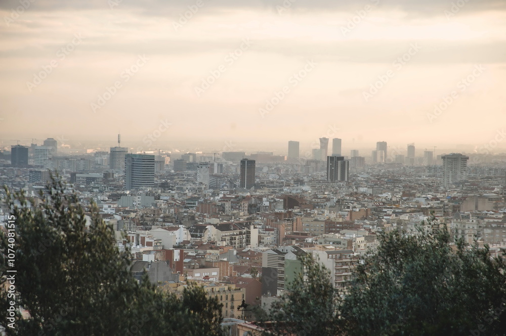 Fototapeta premium view of the city of Barcelona at sunset