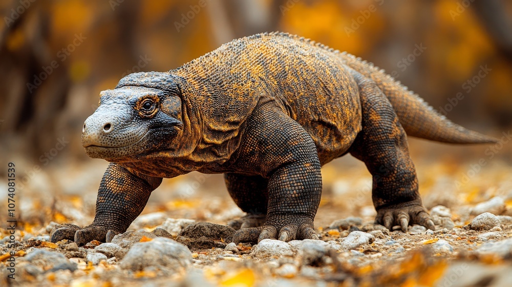 Fototapeta premium Komodo Dragon Walking on Rocky Terrain