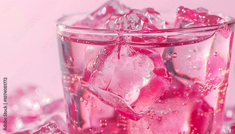 A refreshing pink drink with ice cubes, sparkling in a glass against a soft pink background. A refreshing pink drink with ice cubes, sparkling in a glass against a soft pink background.