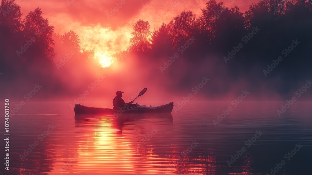 Kayaker on Calm Waters at Sunrise, Silhouette of a lone kayaker paddling on a glassy lake at sunrise, sky awash in soft pink and orange tones. Kayaker on Calm Waters at Sunrise, Silhouette of a lone kayaker paddling on a glassy lake at sunrise, sky awash in soft pink and orange tones.