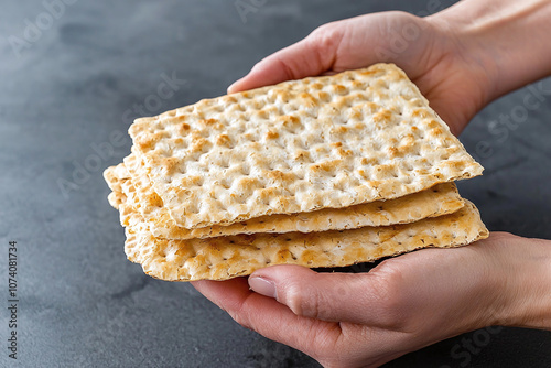 hands carefully holding matzah bread during Passover. photo