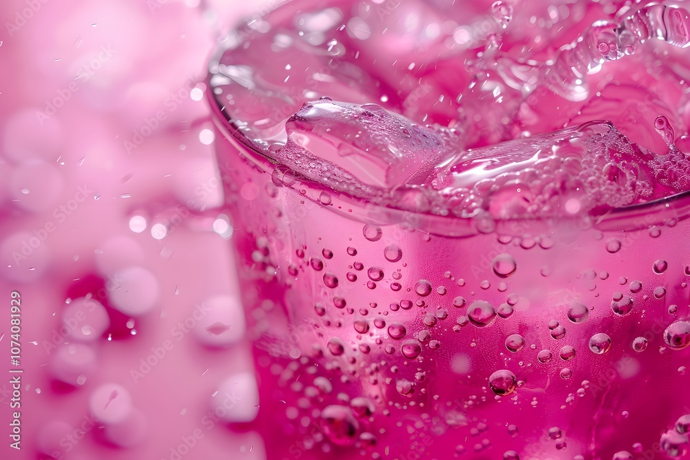 A close-up of a pink fizzy drink with bubbles and ice in a glass. A close-up of a pink fizzy drink with bubbles and ice in a glass.