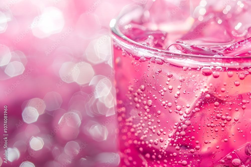 A close-up of a pink fizzy drink with ice, set against a blurred pink background. A close-up of a pink fizzy drink with ice, set against a blurred pink background.