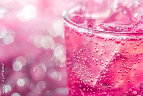 A close-up of a pink fizzy drink with ice, set against a blurred pink background.