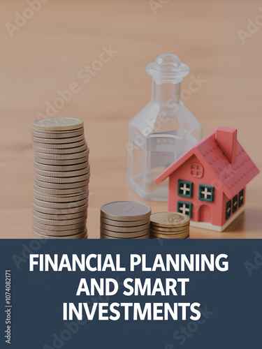 A meticulously arranged still life featuring a stacked pile of coins, a glass bottle, and a toy house on a wooden table, symbolizing prudent financial planning and smart investments. photo