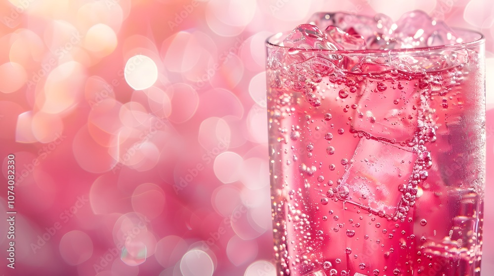 A refreshing pink beverage with ice cubes, surrounded by a soft, colorful background. A refreshing pink beverage with ice cubes, surrounded by a soft, colorful background.