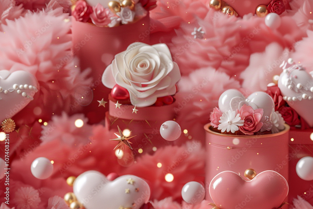 A romantic wallpaper that features red and pink hearts, white roses, pearls, gold stars, heart-shaped boxes, soft lighting, red fluffy background, and romantic style. A romantic wallpaper that features red and pink hearts, white roses, pearls, gold stars, heart-shaped boxes, soft lighting, red fluffy background, and romantic style.