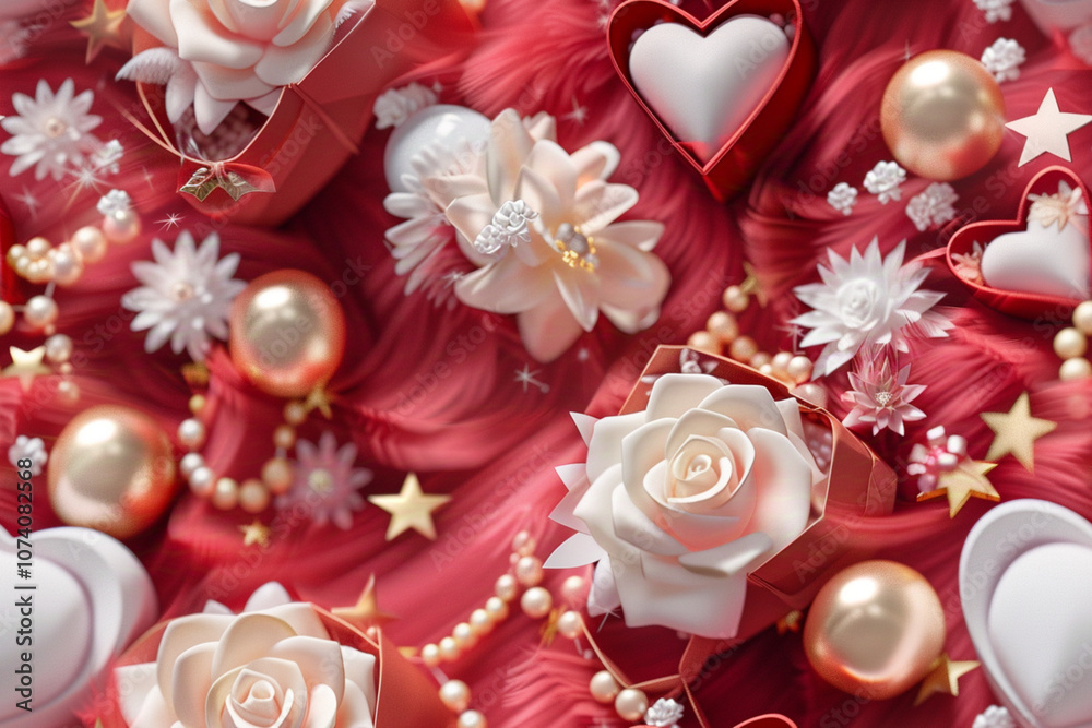 A romantic wallpaper that features red and pink hearts, white roses, pearls, gold stars, heart-shaped boxes, soft lighting, red fluffy background, and romantic style. A romantic wallpaper that features red and pink hearts, white roses, pearls, gold stars, heart-shaped boxes, soft lighting, red fluffy background, and romantic style.