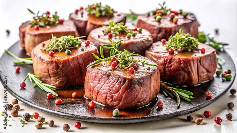 Delicious Beef Tenderloin Medallions with Thyme and Pepper on White Background, Perfect for Culinary Photography and Food Blogs Delicious Beef Tenderloin Medallions with Thyme and Pepper on White Background, Perfect for Culinary Photography and Food Blogs