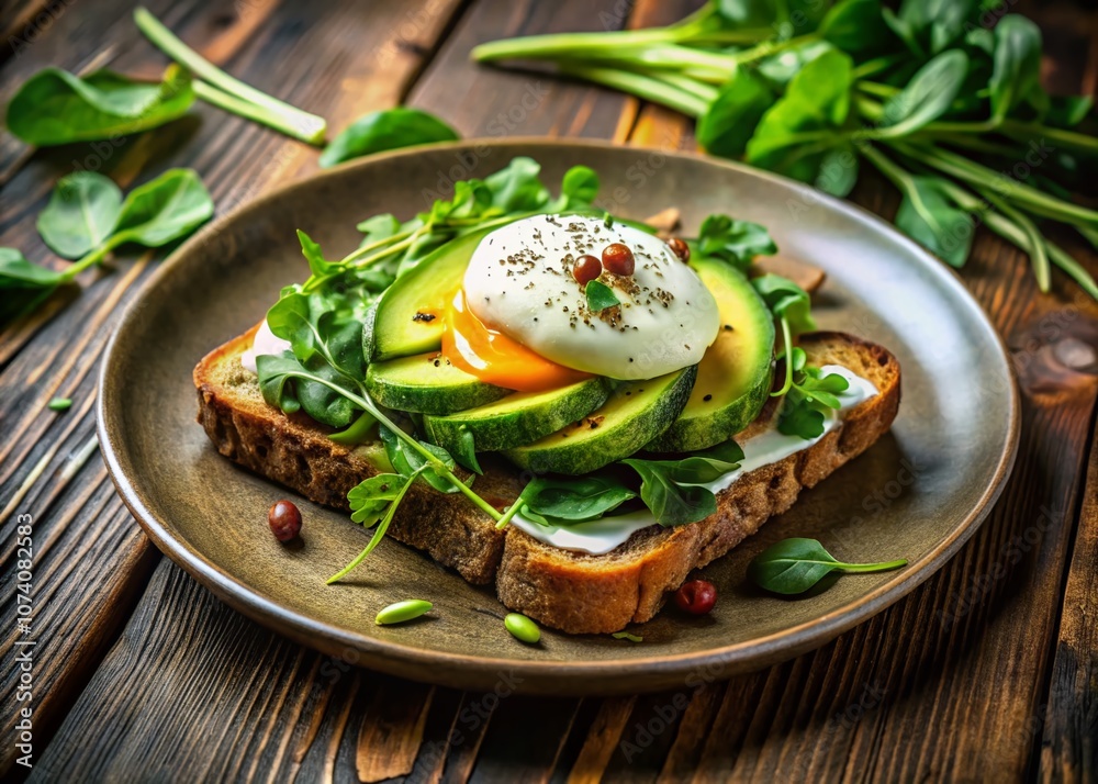 Delicious Avocado Toast with Poached Egg and Fresh Greens on a Rustic Wooden Table, Perfect for Breakfast or Brunch, with Natural Light Highlighting the Colors Delicious Avocado Toast with Poached Egg and Fresh Greens on a Rustic Wooden Table, Perfect for Breakfast or Brunch, with Natural Light Highlighting the Colors