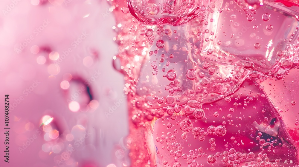 Close-up of pink beverage with bubbles and ice, highlighting refreshment and texture.