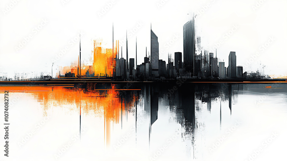 Black and white digital painting of an urban skyline with orange reflections, isolated on a transparent background Black and white digital painting of an urban skyline with orange reflections, isolated on a transparent background