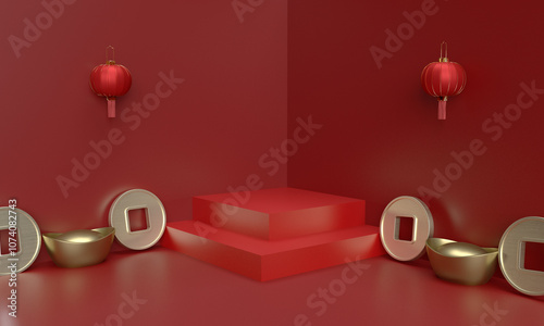 Lunar lamp lightbulb podium stage stand showcase square empty blank coin golden wealth rich money healthy snake happy chinese new year 2025 snake zodiac presenttion product marketing advertisement 