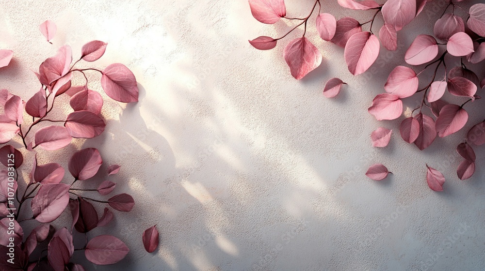 Obraz premium A wall adorned with abstract plant leaves, showcasing dappled sunlight and shadows in a pink rose gold tone.