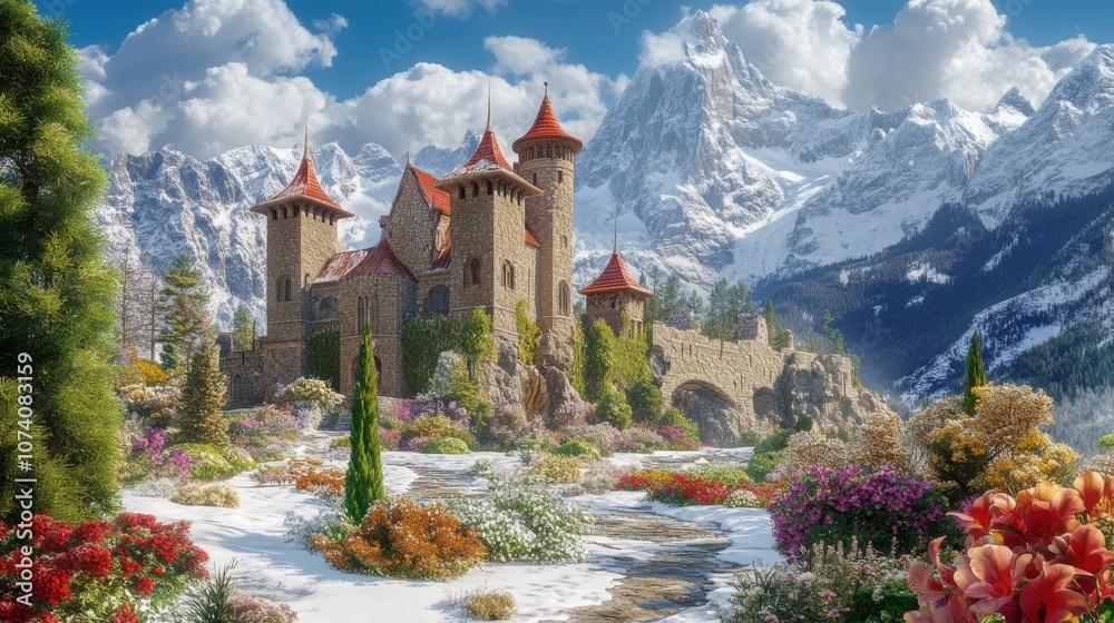 Alpine Castle Grandeur: Snowy Elegance and Floral Splendor Alpine Castle Grandeur: Snowy Elegance and Floral Splendor