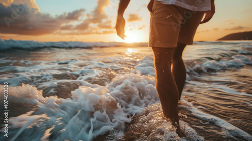 Person läuft bei Sonnenuntergang am Strand durch flaches Wasser. photo