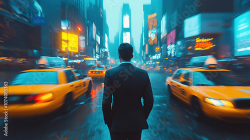 a businessman standing in the street, yellow taxi cabs passing by, motion blur, city lights