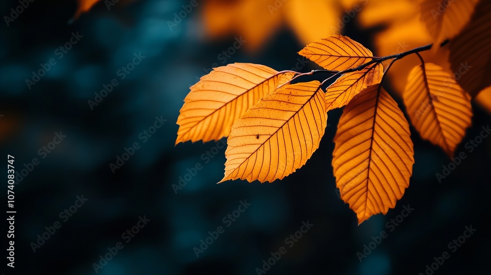Golden-orange autumn leaves illuminated against a dark, cool-toned background, highlighting the intricate vein patterns and soft texture Golden-orange autumn leaves illuminated against a dark, cool-toned background, highlighting the intricate vein patterns and soft texture