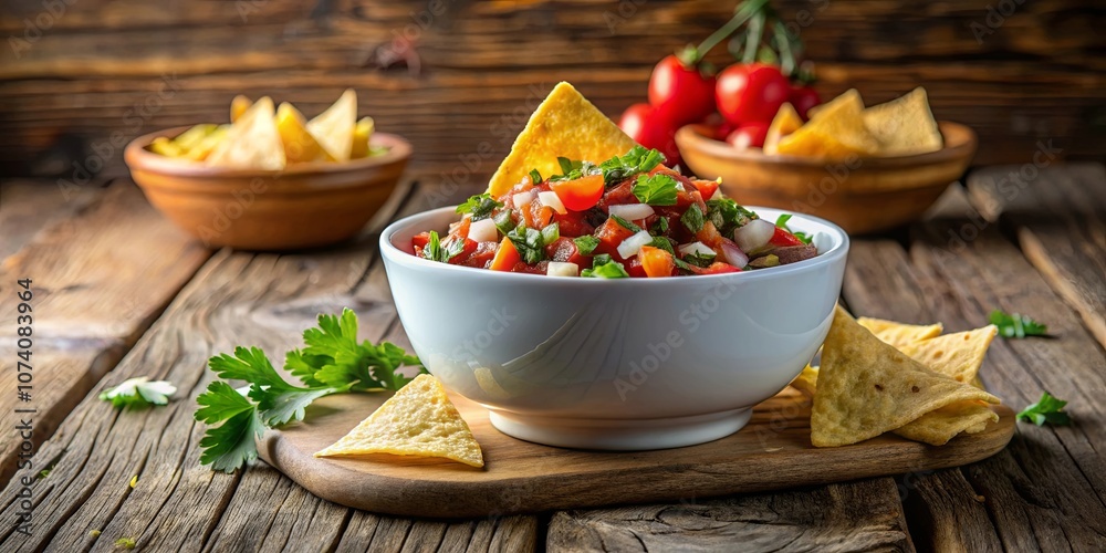 A bowl of vibrant salsa, with freshly diced tomatoes, onions, and cilantro, nestled amidst a scattering of golden-brown tortilla chips, ready for a delightful culinary adventure. A bowl of vibrant salsa, with freshly diced tomatoes, onions, and cilantro, nestled amidst a scattering of golden-brown tortilla chips, ready for a delightful culinary adventure.