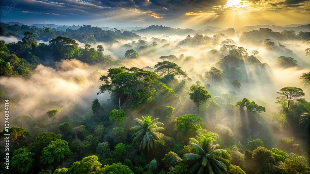 Golden Rays Piercing Through a Misty Forest Canopy, Illuminating a Serene Landscape Golden Rays Piercing Through a Misty Forest Canopy, Illuminating a Serene Landscape