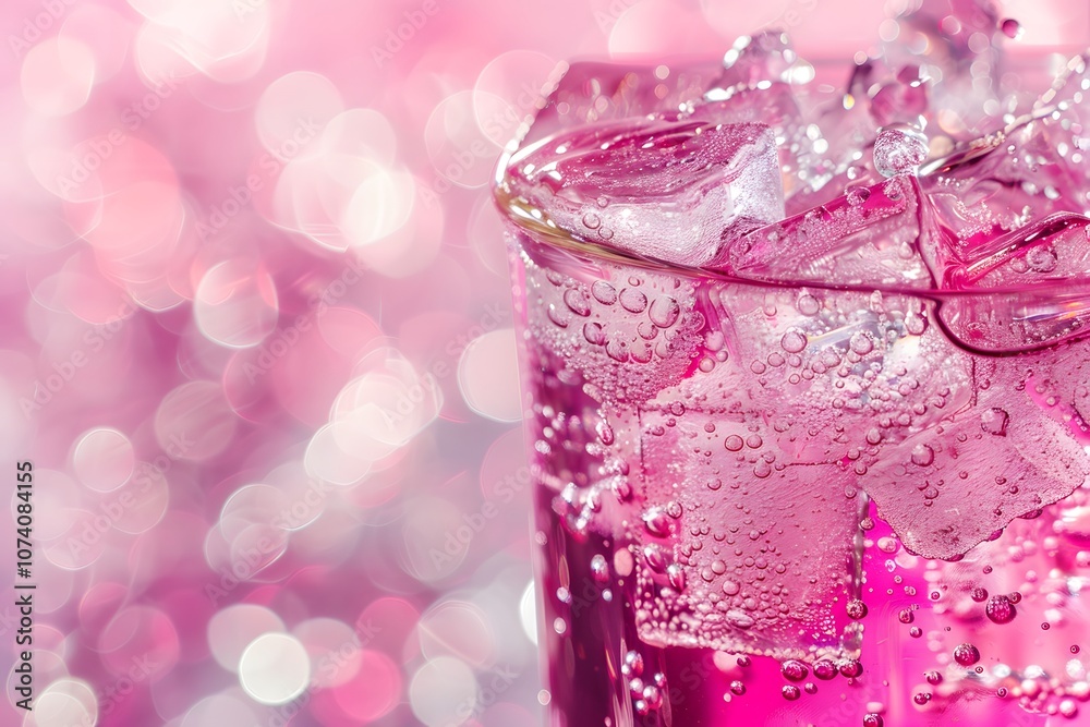A refreshing pink drink with ice and bubbles, set against a soft pink background. A refreshing pink drink with ice and bubbles, set against a soft pink background.