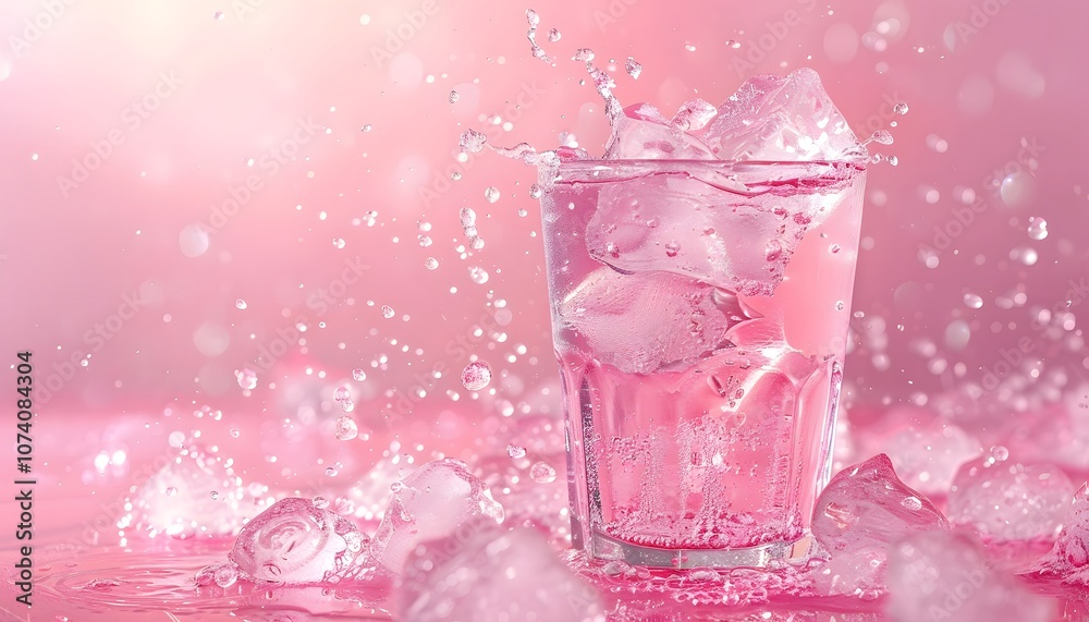 A refreshing pink drink with ice, splashing in a glass against a soft pink background. A refreshing pink drink with ice, splashing in a glass against a soft pink background.