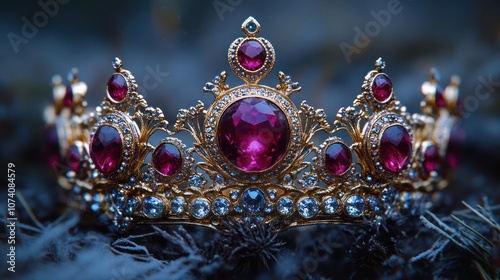 A golden crown with large pink gems rests on a bed of soft, dark fur, creating a regal and mysterious aura.