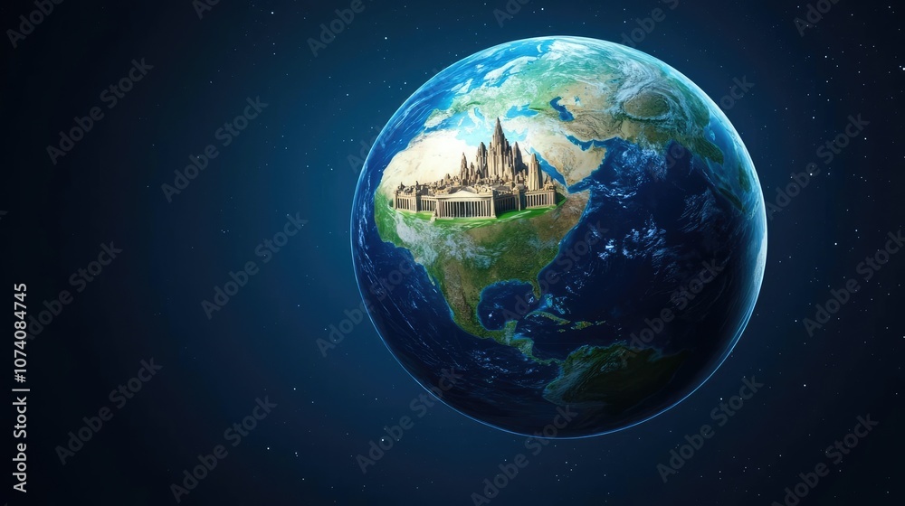 Obraz premium A vibrant globe displaying various landmarks against a starry background.