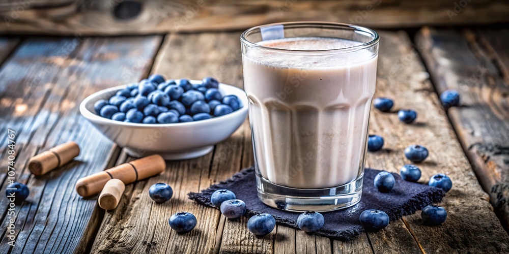 Double Exposure Photography of a Glass of Protein Shake with Milk, Blueberries, and Creatine Capsules on Rustic Wooden Background for Sport Nutrition Concept Double Exposure Photography of a Glass of Protein Shake with Milk, Blueberries, and Creatine Capsules on Rustic Wooden Background for Sport Nutrition Concept