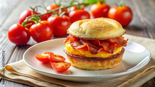 A breakfast sandwich featuring a golden bun, crispy bacon, and a melty egg, accompanied by fresh tomato slices on a rustic wooden table.