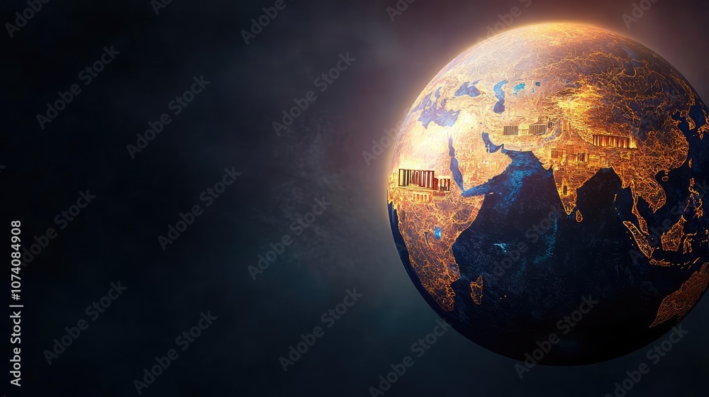 Fototapeta premium Earth viewed from space, illuminated cities, dark background.