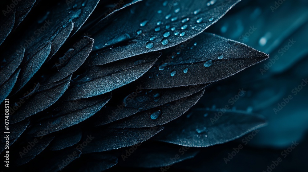 Obraz premium A close-up view of layered dark blue leaves with water droplets scattered on the surfaces, creating a textured, moody aesthetic