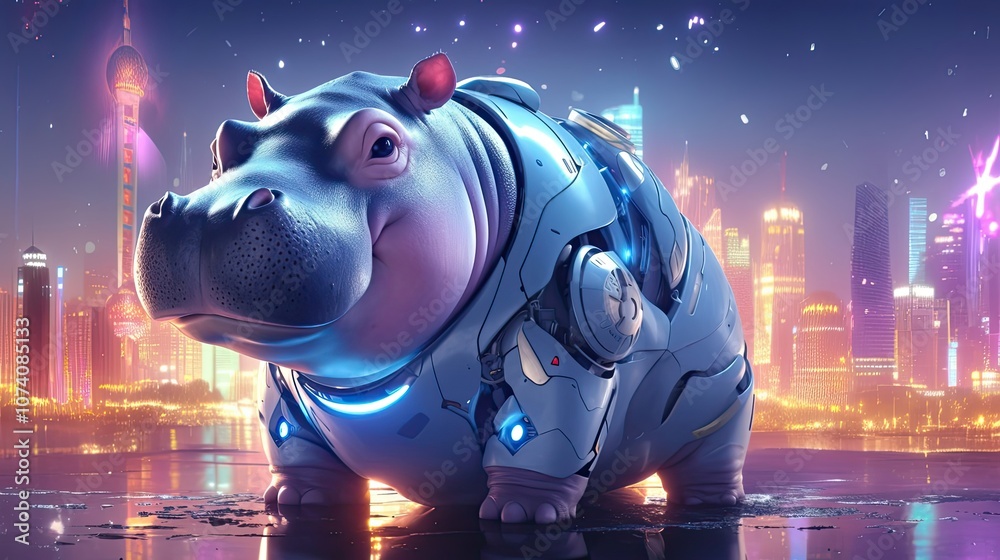 Fototapeta premium A Cybernetic Hippopotamus in a Futuristic Cityscape