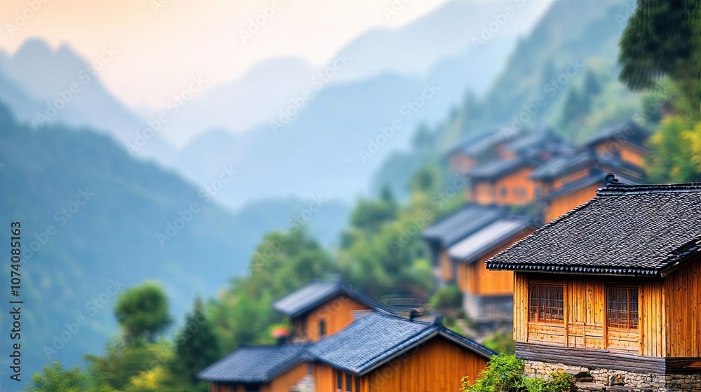 Serene hillside village with wooden houses surrounded by lush mountains. Serene hillside village with wooden houses surrounded by lush mountains.