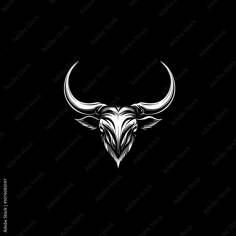 Naklejka premium A stylized, white bull's head with long horns against a black background.