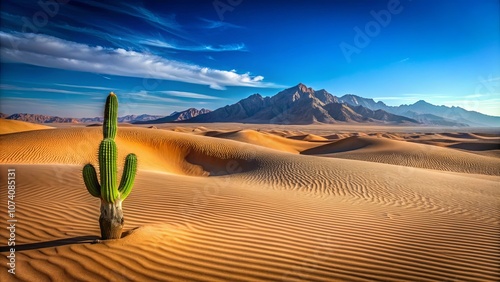 A lone cactus stands tall amidst the vast, rippling desert sands, with majestic mountains in the distance, a serene panorama of nature's resilience.