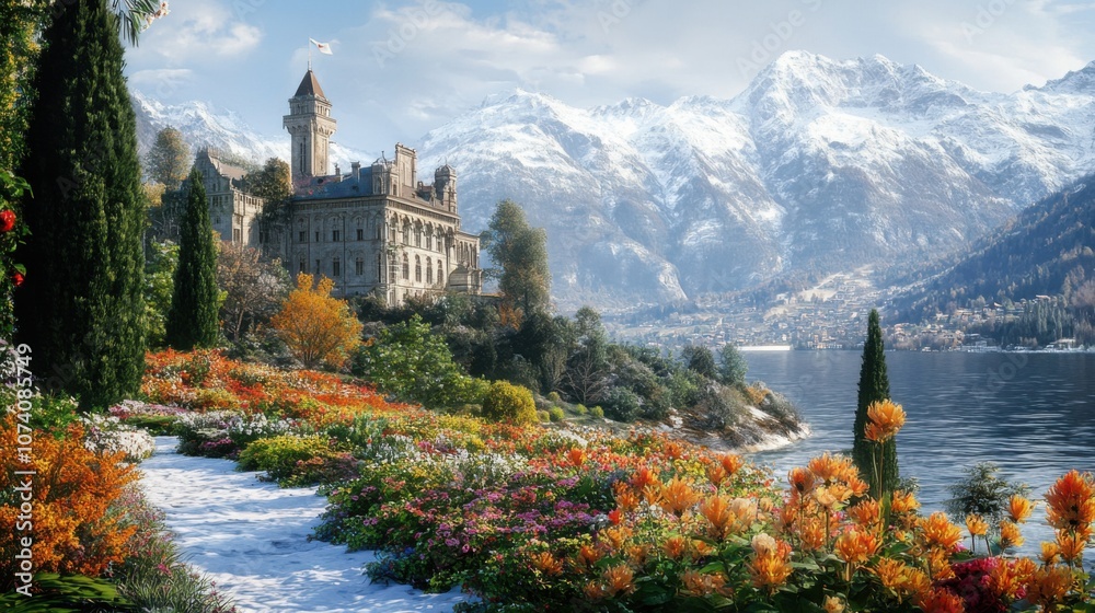 Fototapeta premium Alpine Castle Grandeur: Snowy Elegance and Floral Splendor