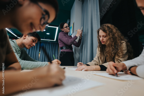 A group of students writing notes during a collaborative study session in a classroom setting. The focus is on learning and teamwork, with a teacher guiding in the background.