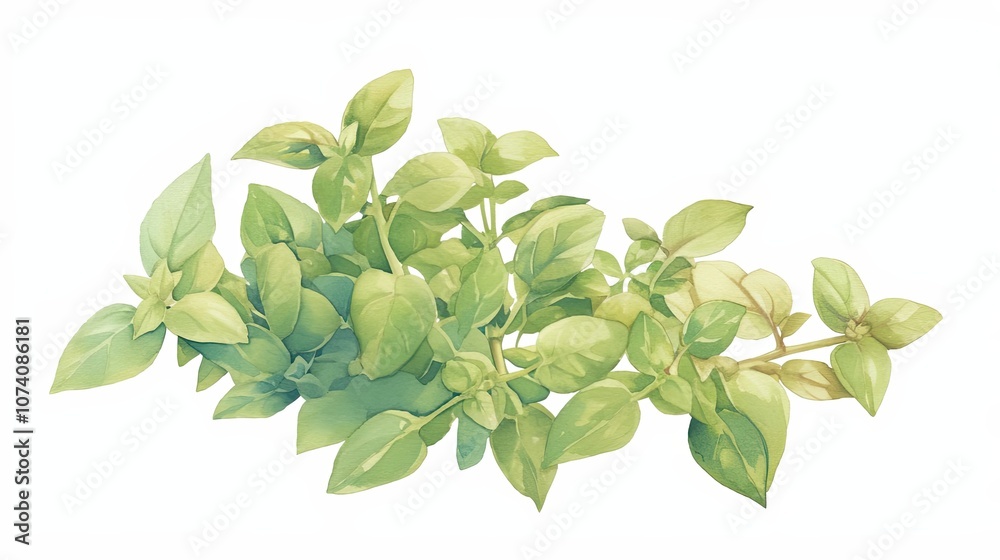 Watercolor Painting of Green Basil Leaves