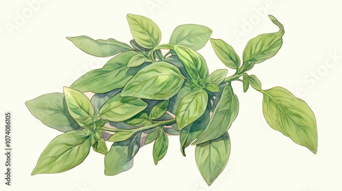 Watercolor Illustration of Green Basil Leaves