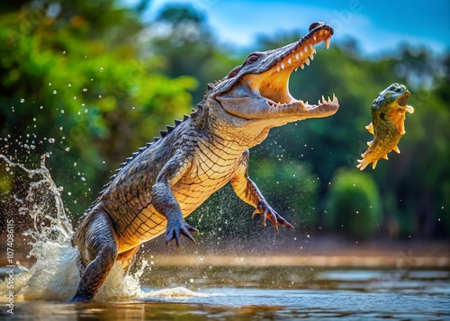 Dynamic Crocodile Launching into the Air with Open Mouth, Capturing the Thrill of the Hunt for a Juicy Piece of Meat in a Wild and Natural Setting