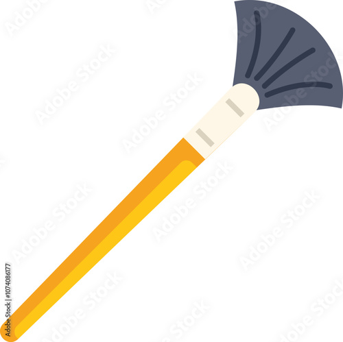 Fan brush with a yellow handle and dark grey bristles is lying diagonally on a white background